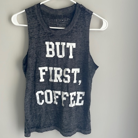 BUT FIRST, COFFEE dark Gray sleeveless T by Fifth Sun - X-Small - Picture 1 of 6